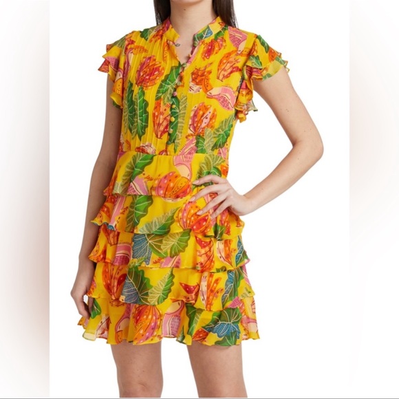 FARM Rio Dresses & Skirts - NEW FARM Rio Beaks Banana Tiered Ruffle Short Sleeve Mini Dress Yellow Large